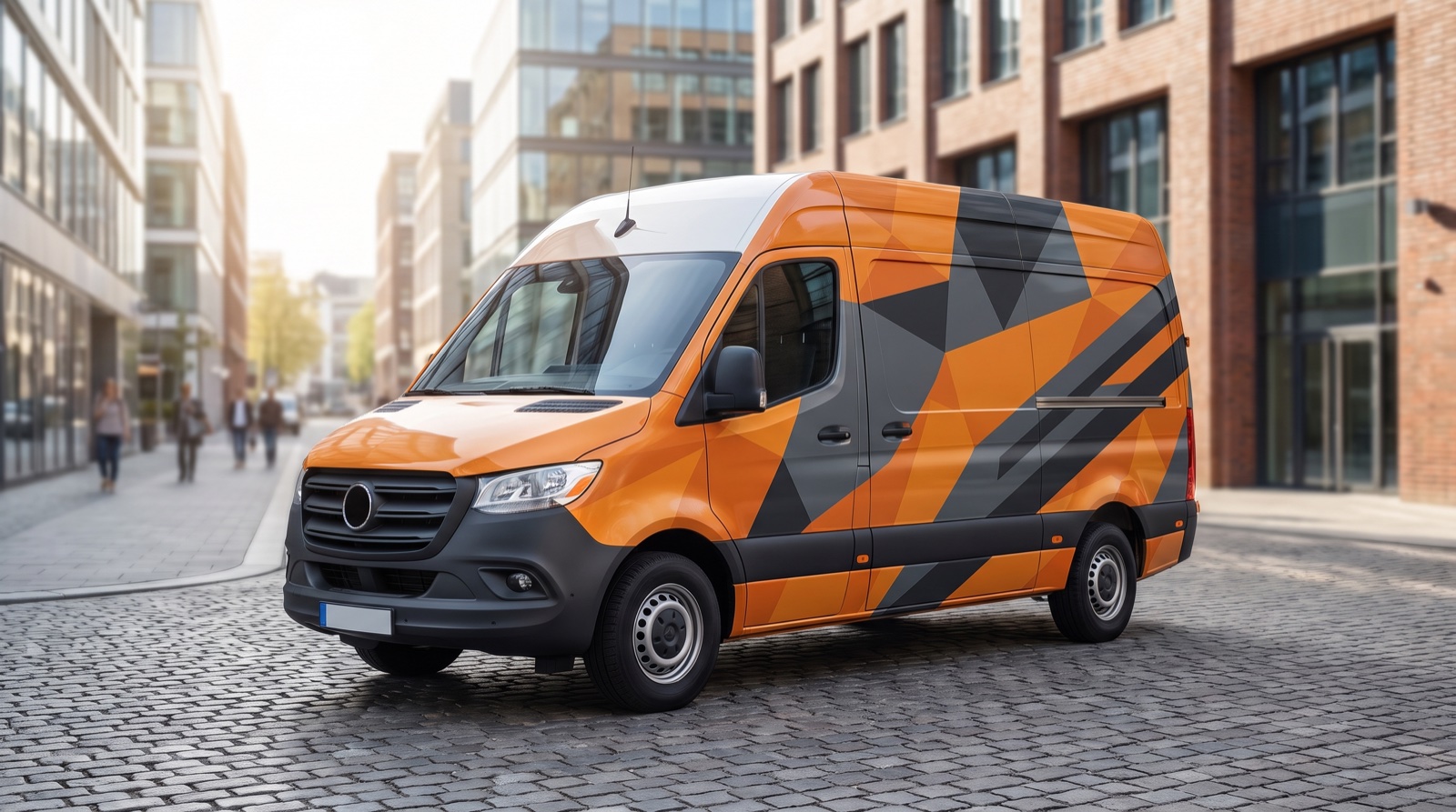 Lieferwagen mit orange-anthrazitfarbener Fahrzeugfolierung in geometrischem Design