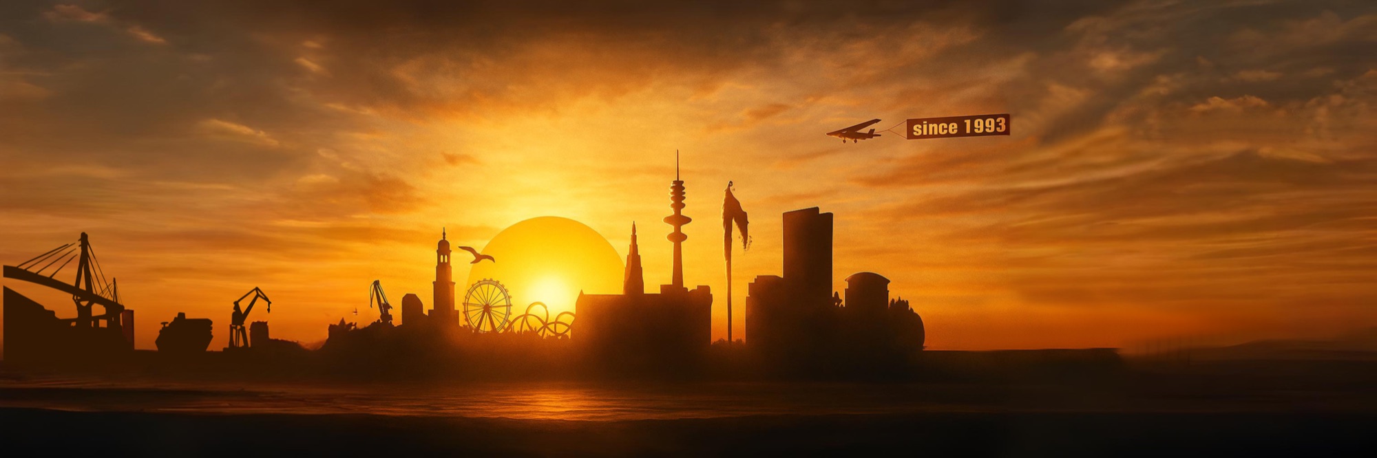 Skyline von Hamburg bei Sonnenuntergang