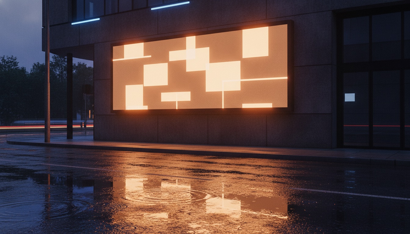Leuchtreklame an einer Fassade in der Abenddämmerung