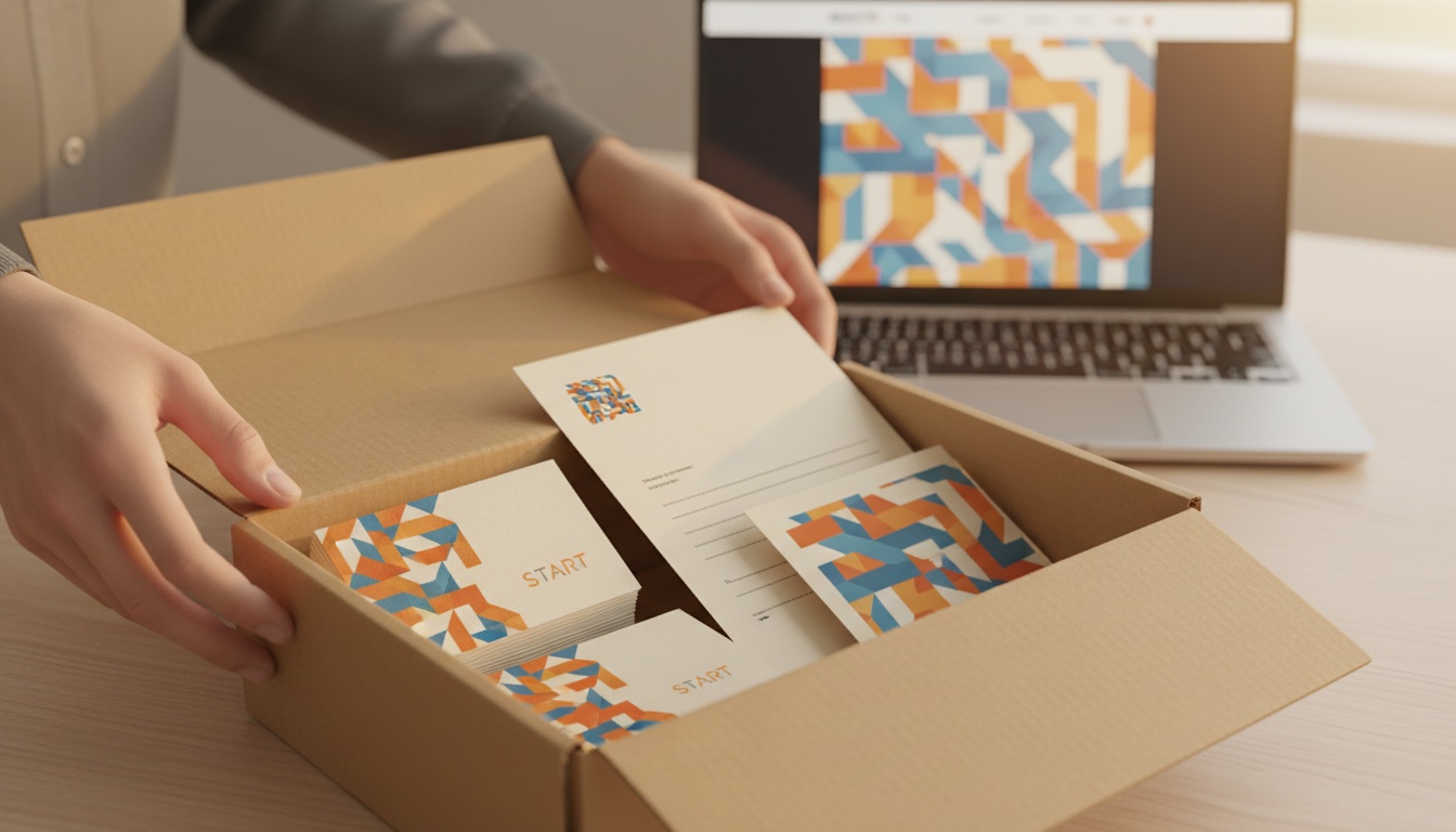Geöffnetes StartUp-Paket mit Visitenkarten, Briefpapier und passender Website im Hintergrund